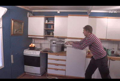 Pouring water onto hot (in this case, already burning) oil creates a huge fireball