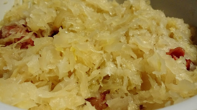 I mixed it up a little at the end, and I got pieces of sausage to fall off and mix into the sauerkraut.
